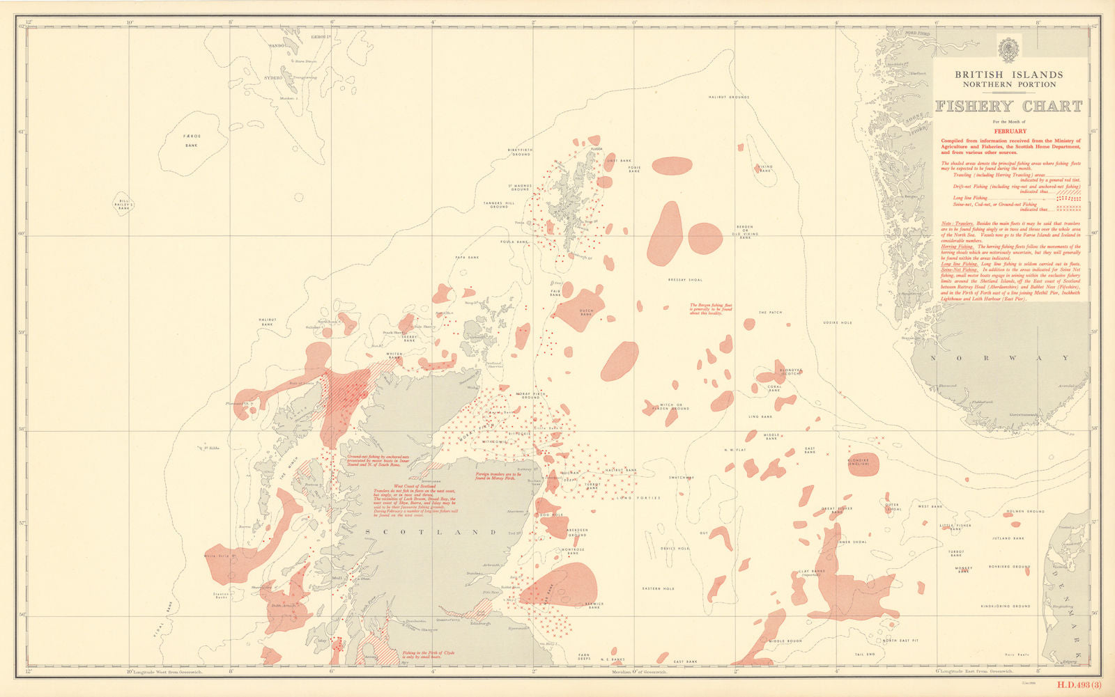 British Isles North February Fishery Chart Scotland North Sea Atlantic 1953 map